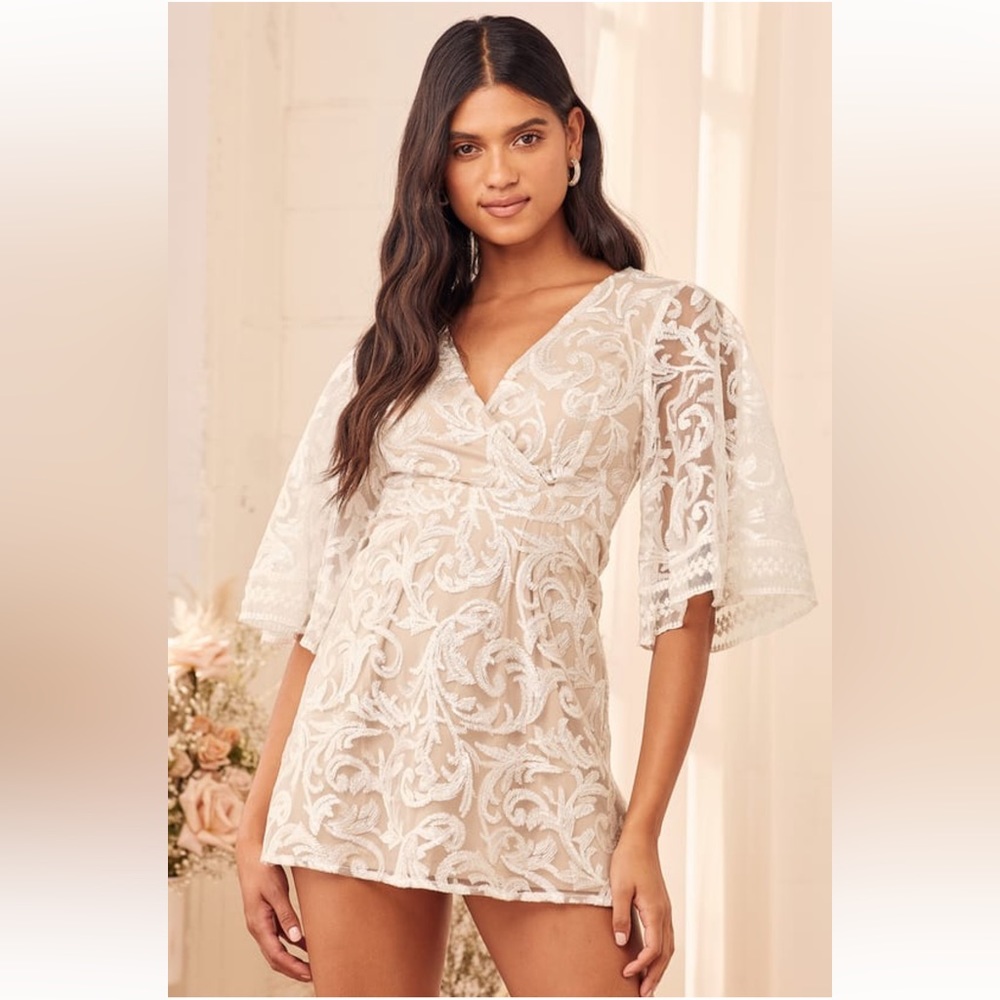 Lulu’s Celebration Hour White Sequin Embroidered Mini Dress
